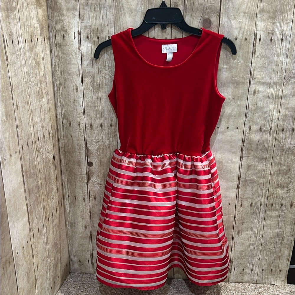The Children's Place Red Velvet and White Striped Formal Holiday Dress 14 XL